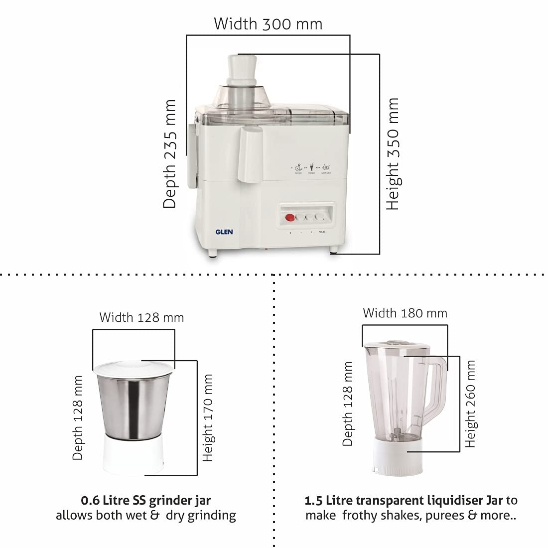 Glen SA4010 Juicer Mixer Grinder 2 Jar