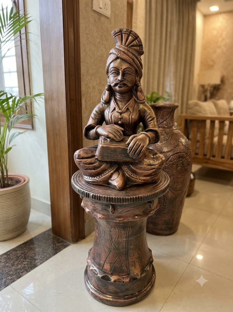 Traditional Rajasthani Folk Musician Figurine on Decorative Pedestal Antique Brown Finish