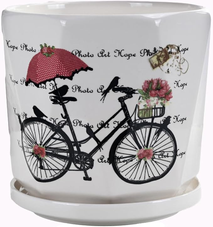 White Ceramic Planter Pot with Matching Saucer Vintage Bicycle Floral Print