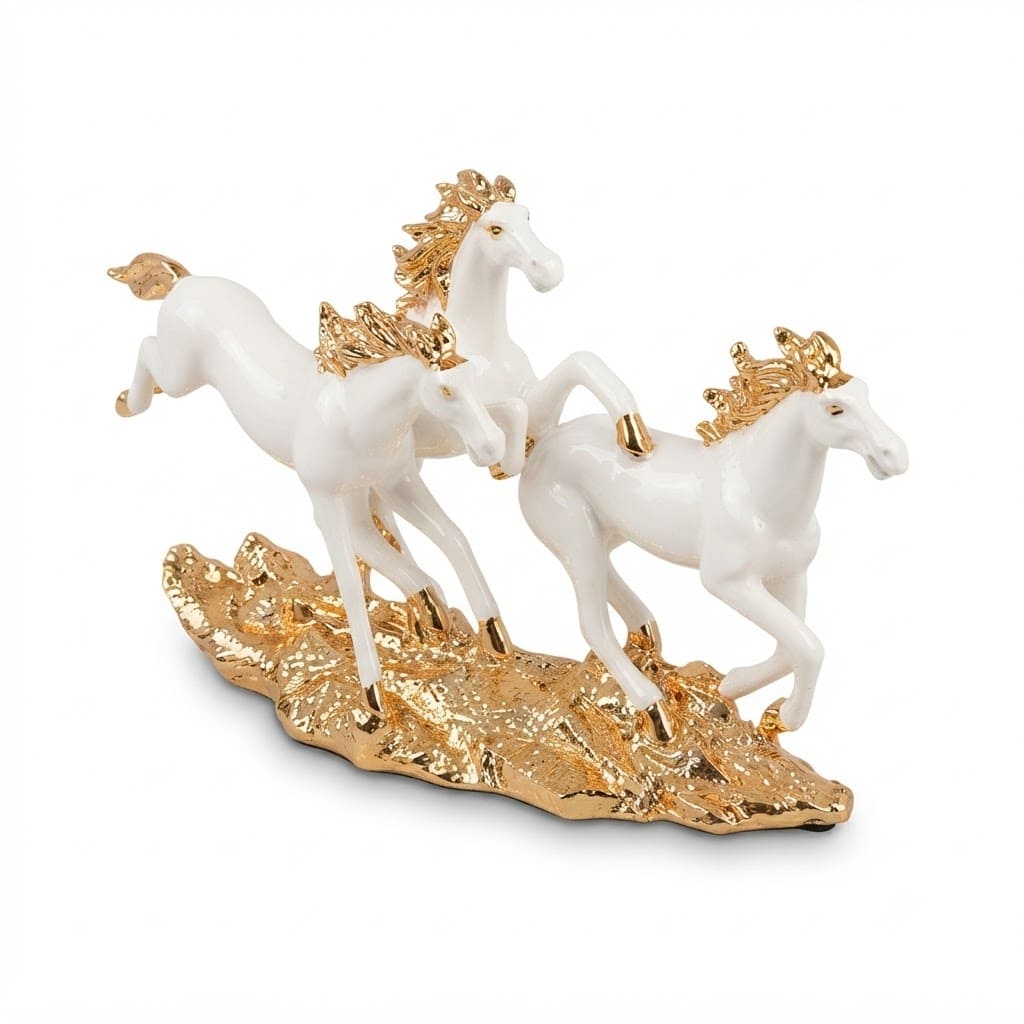 VK Statue White Golden 3Pc Horse Set