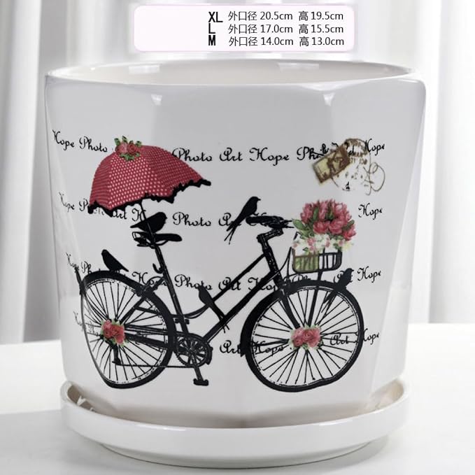 White Ceramic Planter Pot with Matching Saucer Vintage Bicycle Floral Print