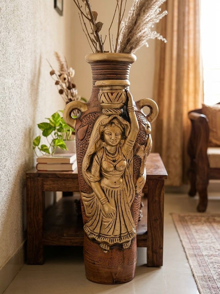 Traditional Handcrafted Terracotta Decorative Water Pot with Tribal Woman Art