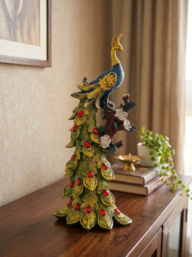 Royal Blue & Gold Decorative Peacock Showpiece with Red Gemstone Accents