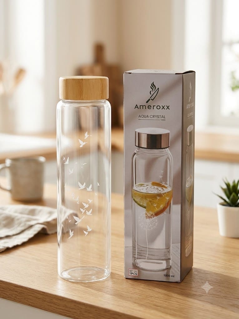 Aqa Crystal Water Bottle with Wooden Lid 1000ML