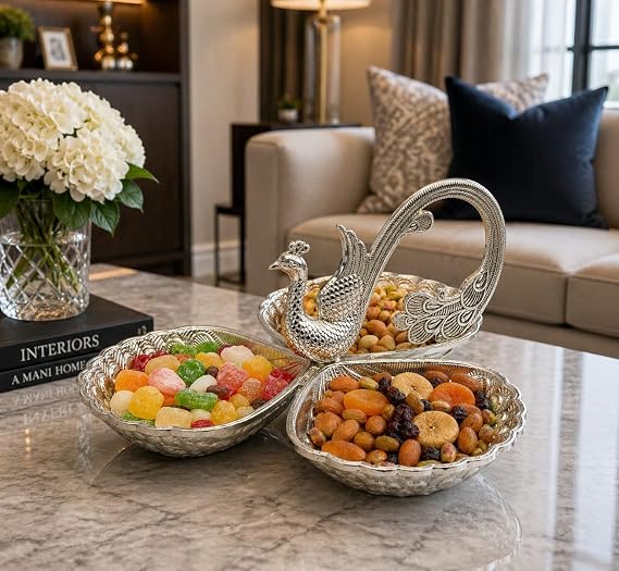 Peacock Silver White Gold Dry Fruit Tray