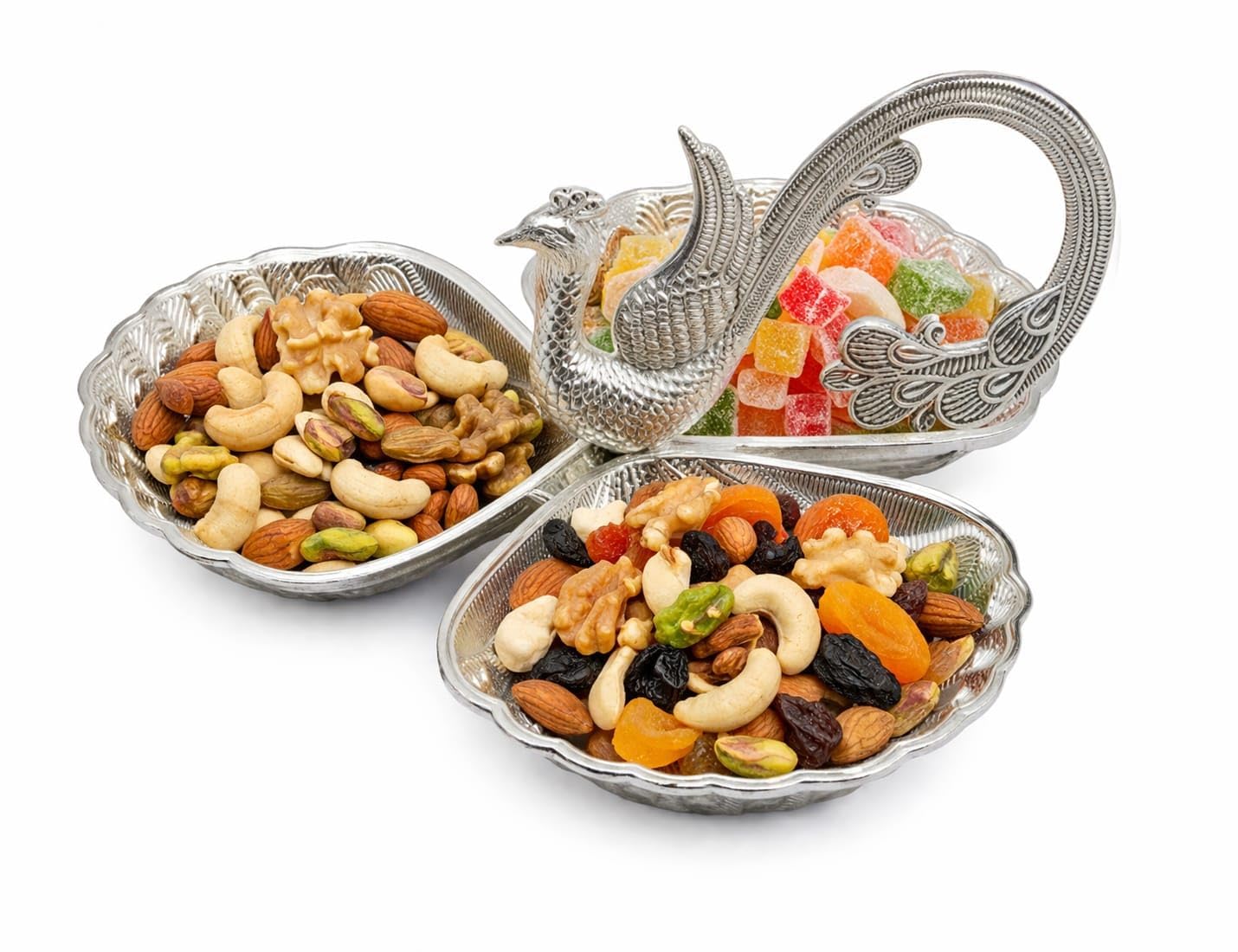 Peacock Silver White Gold Dry Fruit Tray