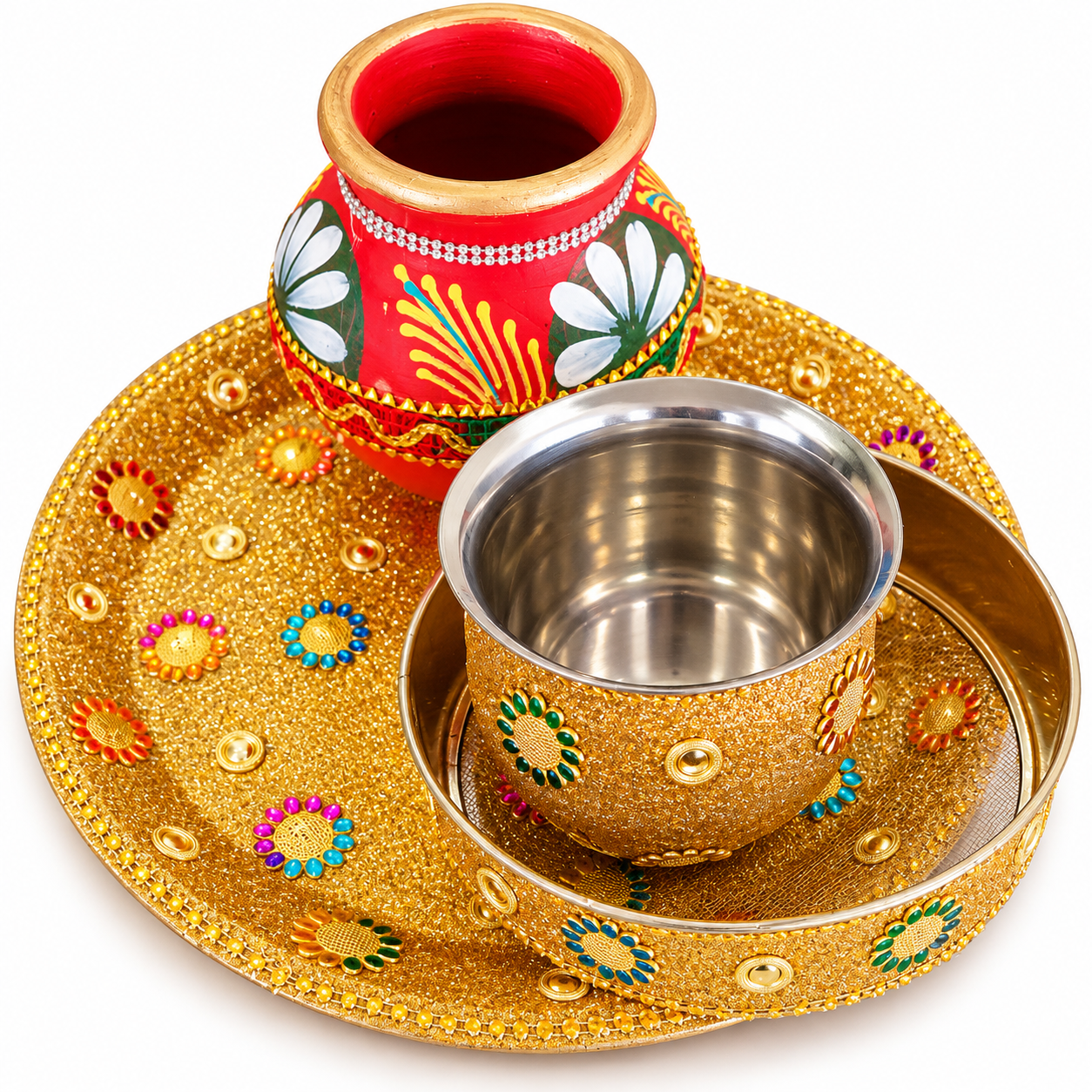 Karwa Chauth Pooja Thali Set with Decorative Kalash