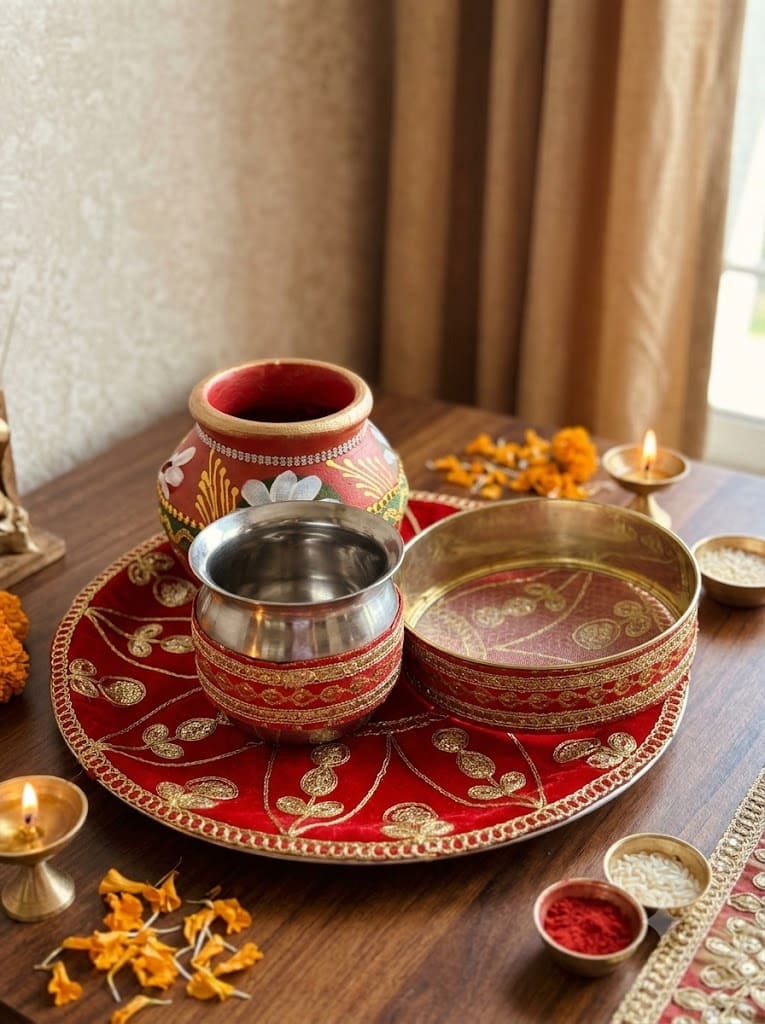 Traditional Indian Pooja Thali Set with Decorative Kalash, Stainless Steel Bowl & Red Embroidered Plate