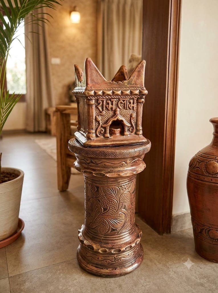 Traditional Rajasthani Decorative Chowki Pedestal Stand with Ornamental Carvings Antique Brown