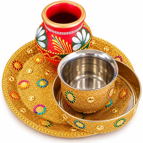 Karwa Chauth Pooja Thali Set with Decorative Kalash